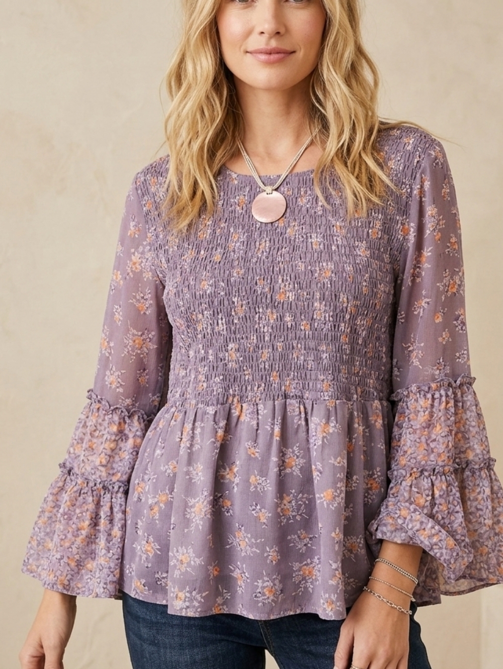 American Eagle Lavender Floral Smocked Bell Sleeve Boho Blouse Top Large